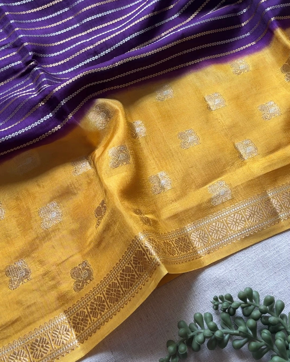 Purple with Yellow Viscose Silk Saree